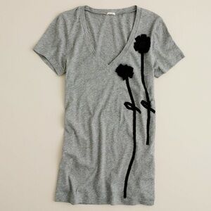 J.Crew Tissue Posy V-neck Tee Size Small Grey Black Flower Apliques